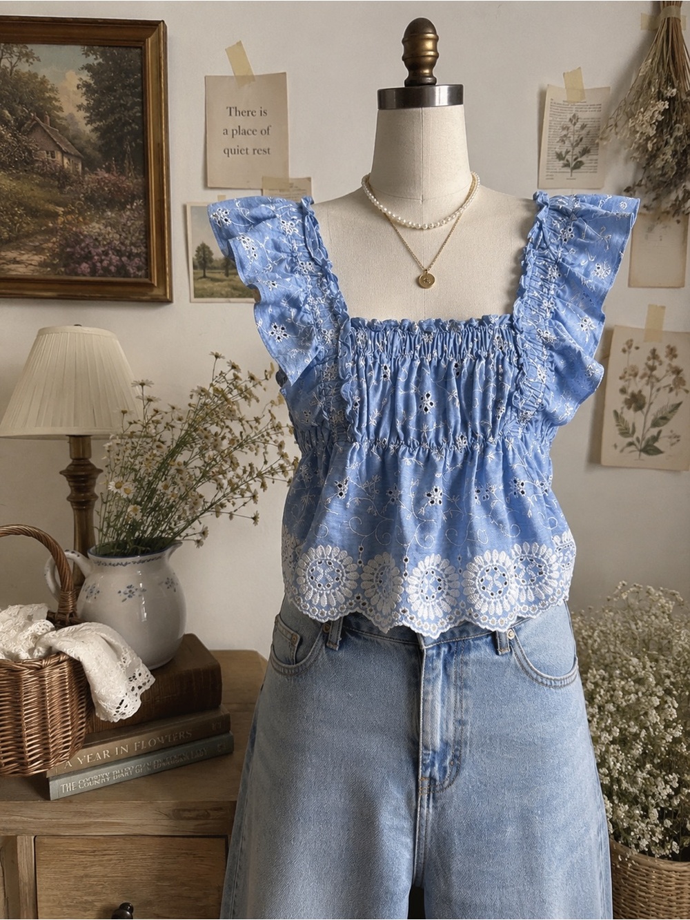 Zara Embroidered Eyelet Ruffle Crop Top Blue Cotton Smocked Back Size L - Picture 2 of 8